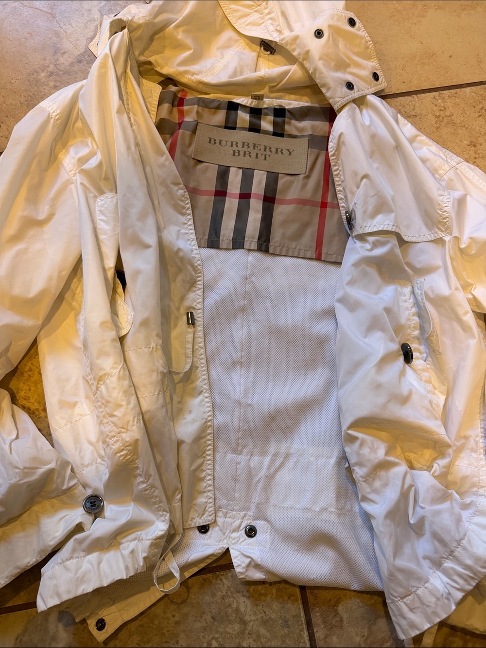 Burberry Cream and White Hooded Jacket with Classic Check Trim